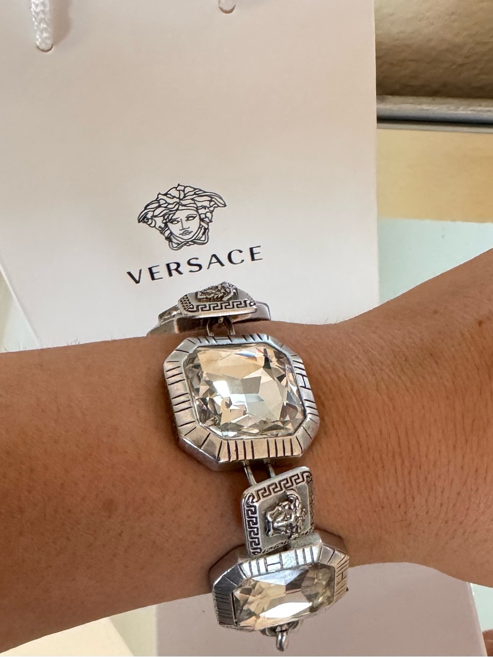 Versace Silver-Tone Bracelet with Large Clear Crystals